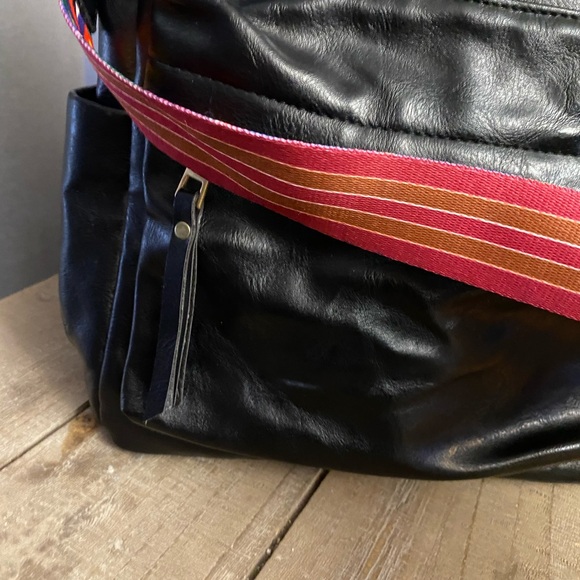 New W/O Tags Modern+Chic Brand Bag/Backpack Leather, Black w/Colorful Strap - Picture 2 of 10